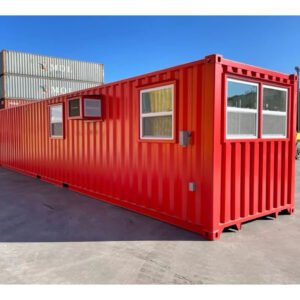 40ft modified shipping container office – 800 sq ft, red, w/ bathroom & storage